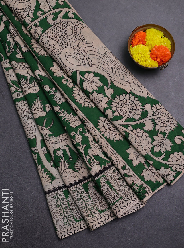 Beige & Green Kalamkari Cotton Saree