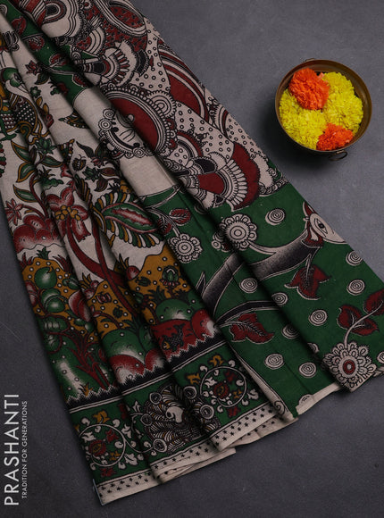 Beige & Green Kalamkari Cotton Saree