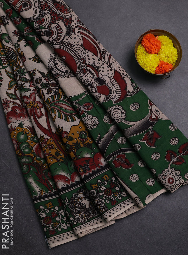 Beige & Green Kalamkari Cotton Saree