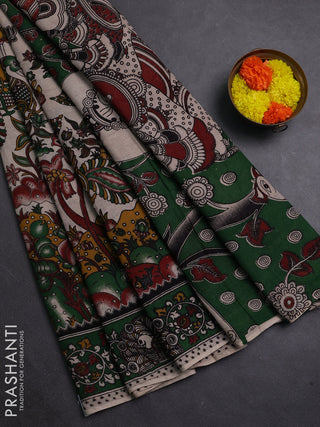 Beige & Green Kalamkari Cotton Saree
