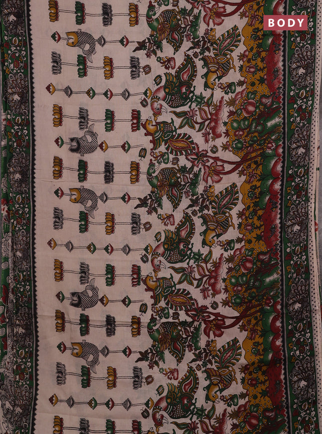 Beige & Green Kalamkari Cotton Saree