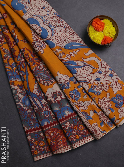 Mustard Yellow & Grey Kalamkari Cotton Saree