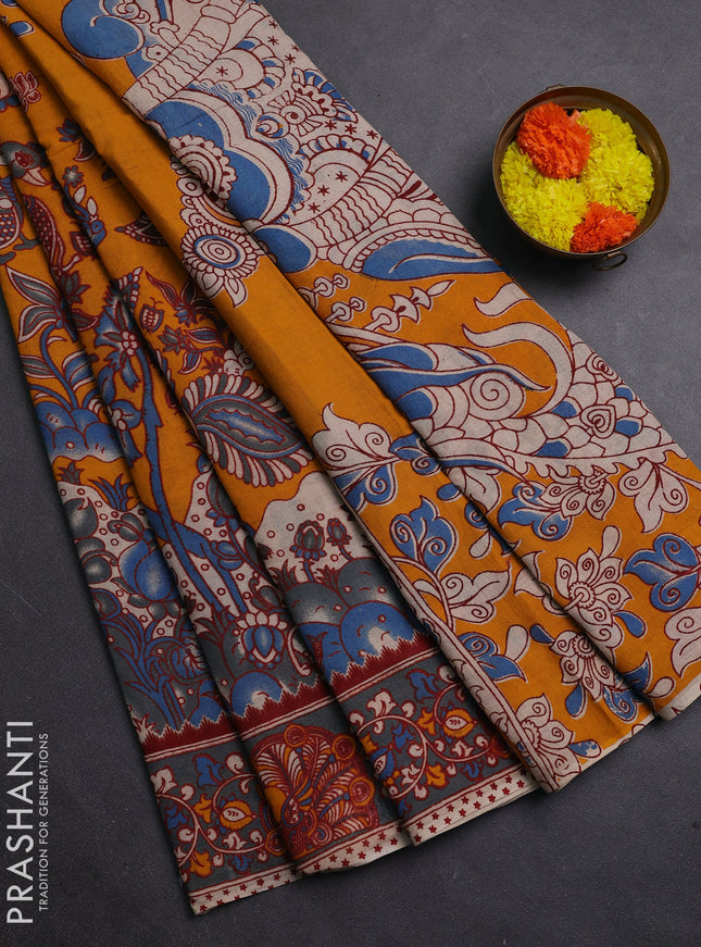 Mustard Yellow & Grey Kalamkari Cotton Saree