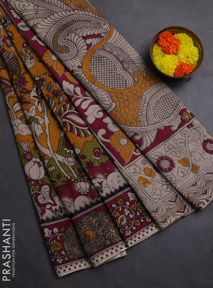 Mustard Yellow & Magenta Pink Kalamkari Cotton Saree