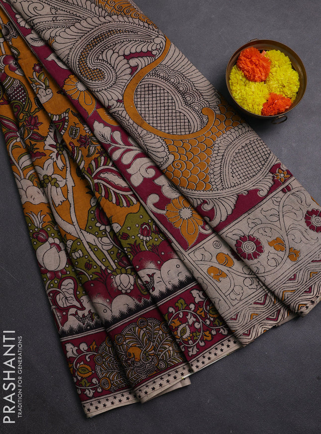 Mustard Yellow & Magenta Pink Kalamkari Cotton Saree