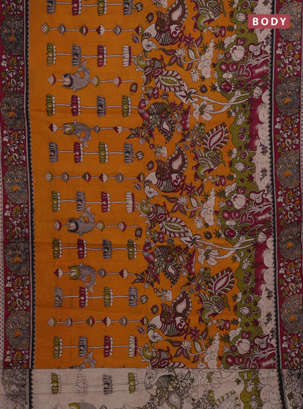 Mustard Yellow & Magenta Pink Kalamkari Cotton Saree
