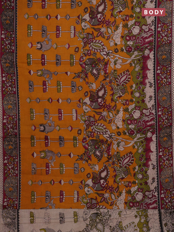 Mustard Yellow & Magenta Pink Kalamkari Cotton Saree