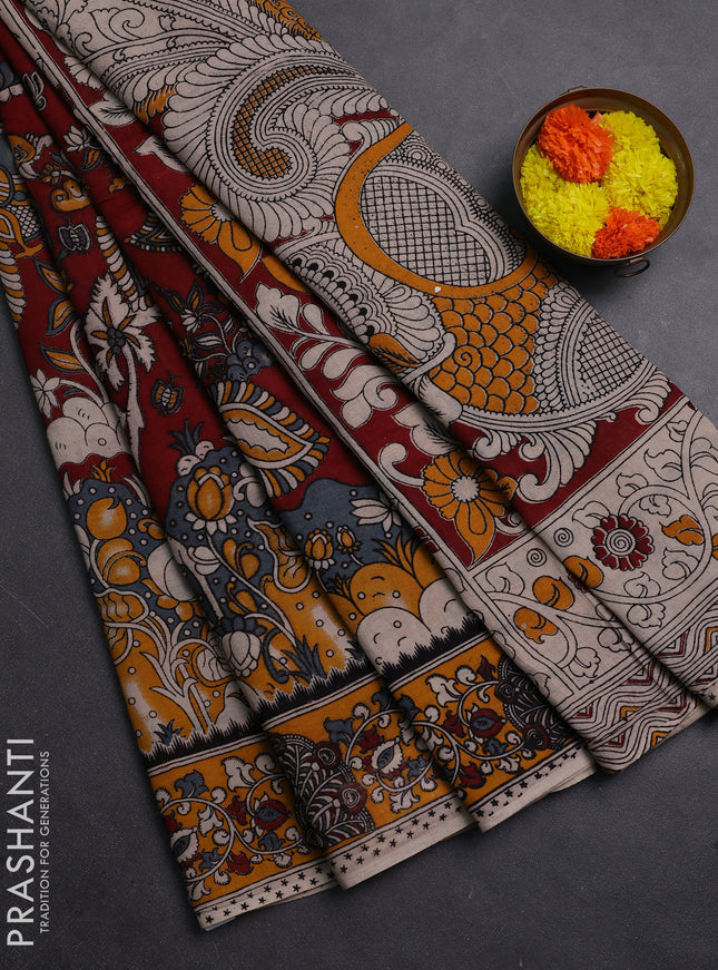 Maroon & Mustard Yellow Kalamkari Cotton Saree
