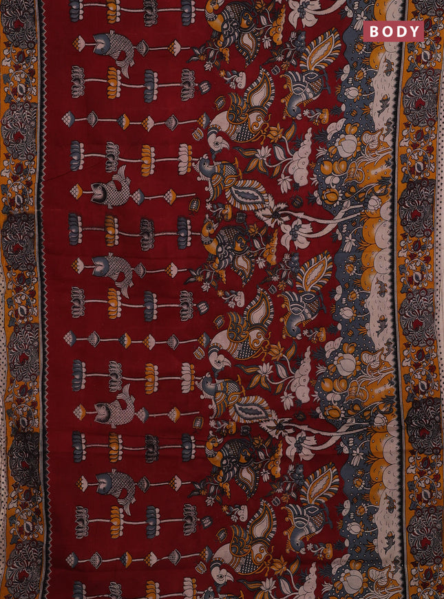 Maroon & Mustard Yellow Kalamkari Cotton Saree