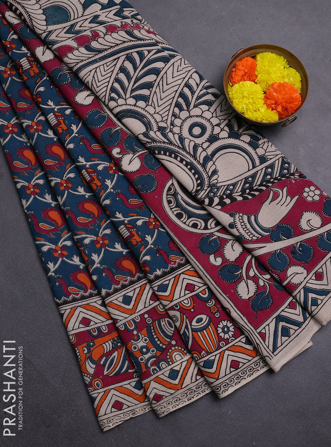 Peacock Green & Magenta Pink Kalamkari Cotton Saree
