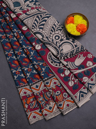 Peacock Green & Magenta Pink Kalamkari Cotton Saree