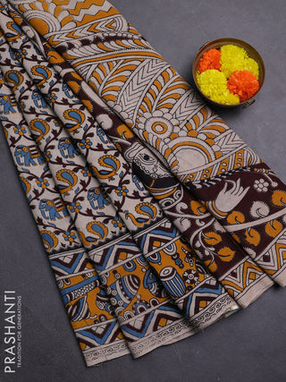 Beige & Mustard Yellow Kalamkari Cotton Saree