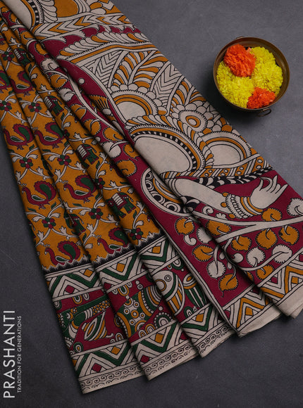 Mustard Yellow & Magenta Pink Kalamkari Cotton Saree