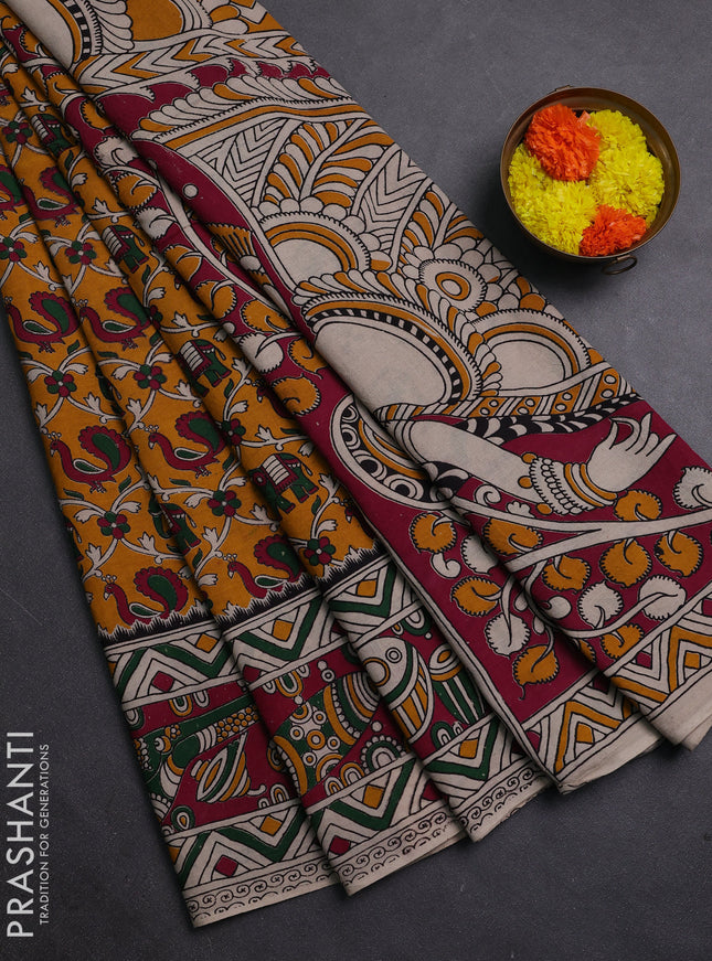 Mustard Yellow & Magenta Pink Kalamkari Cotton Saree