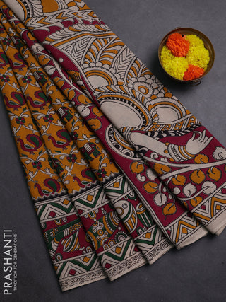 Mustard Yellow & Magenta Pink Kalamkari Cotton Saree
