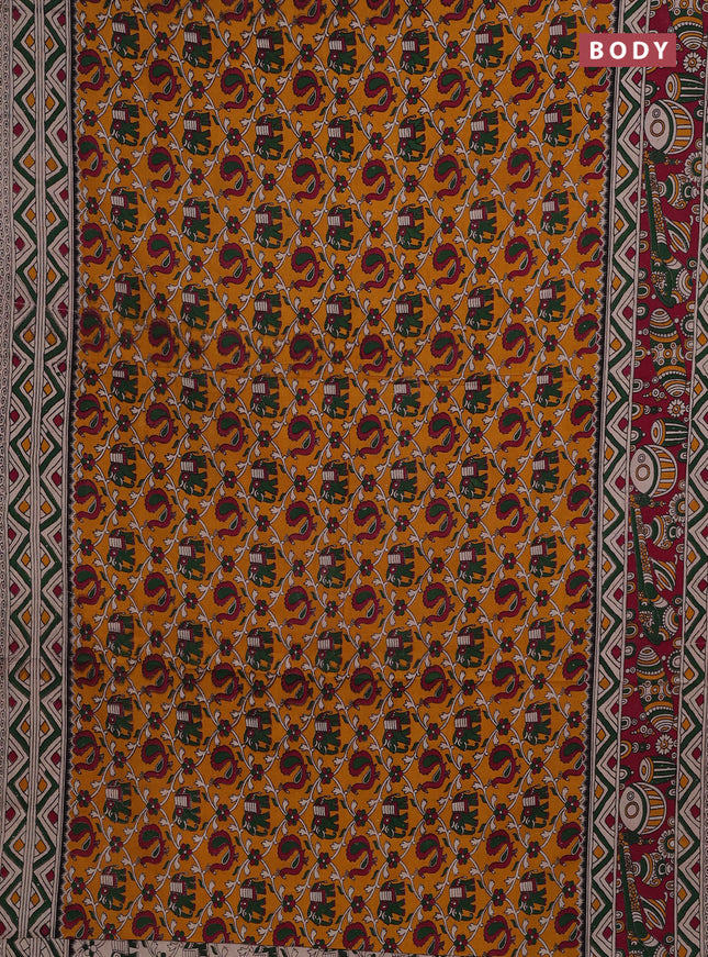 Mustard Yellow & Magenta Pink Kalamkari Cotton Saree