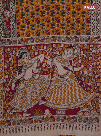 Mustard Yellow & Magenta Pink Kalamkari Cotton Saree