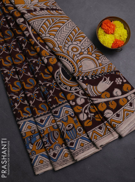 Coffee Brown & Mustard Yellow Kalamkari Cotton Saree
