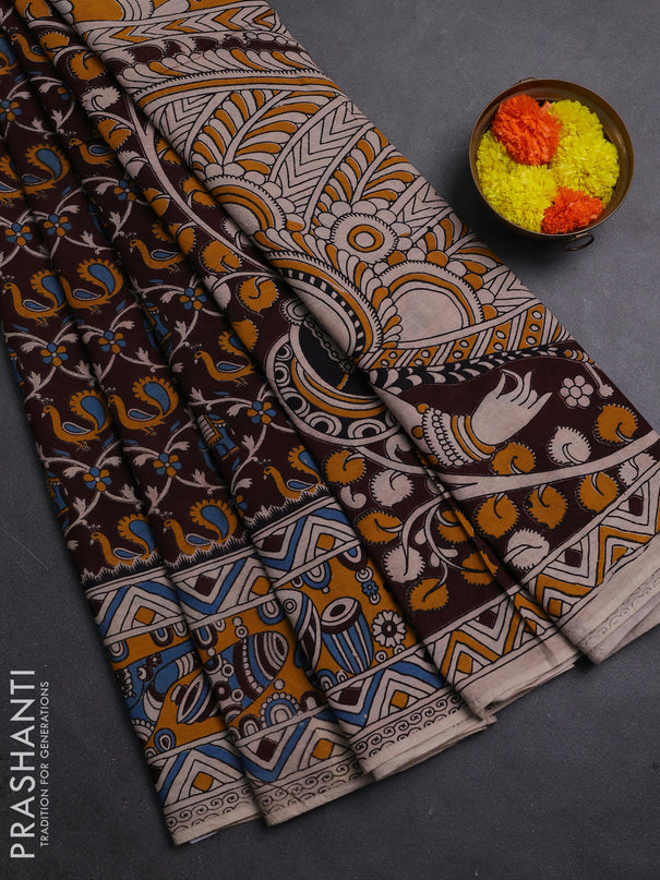 Coffee Brown & Mustard Yellow Kalamkari Cotton Saree