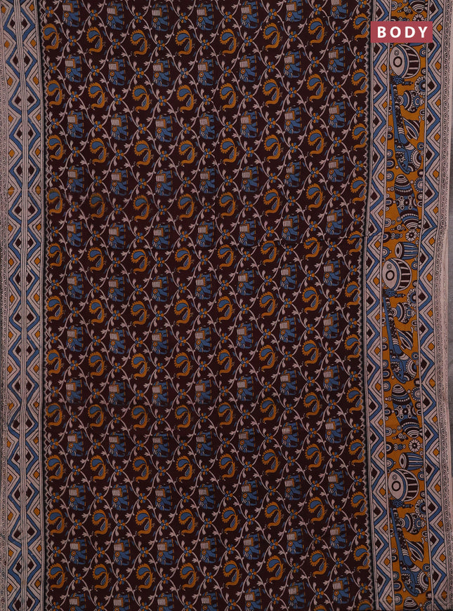 Coffee Brown & Mustard Yellow Kalamkari Cotton Saree