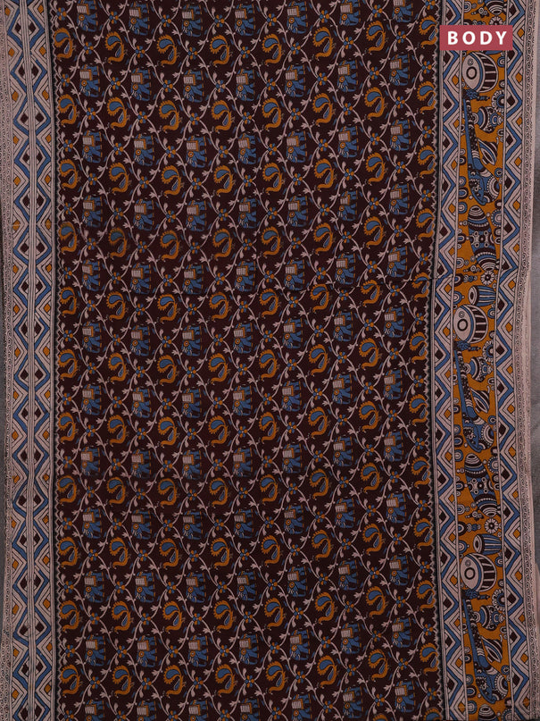 Coffee Brown & Mustard Yellow Kalamkari Cotton Saree