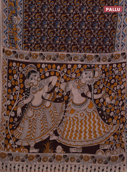 Coffee Brown & Mustard Yellow Kalamkari Cotton Saree