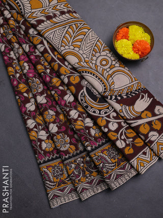 Coffee Brown & Mustard Yellow Kalamkari Cotton Saree