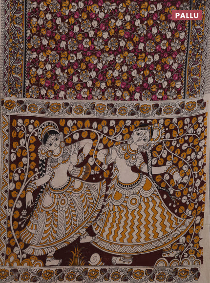 Coffee Brown & Mustard Yellow Kalamkari Cotton Saree