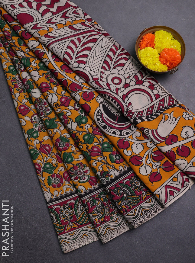 Yellow & Magenta Pink Kalamkari Cotton Saree