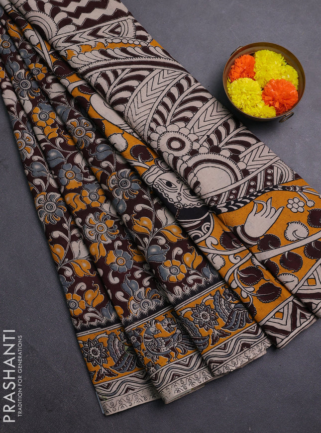 Coffee Brown & Yellow Kalamkari Cotton Saree