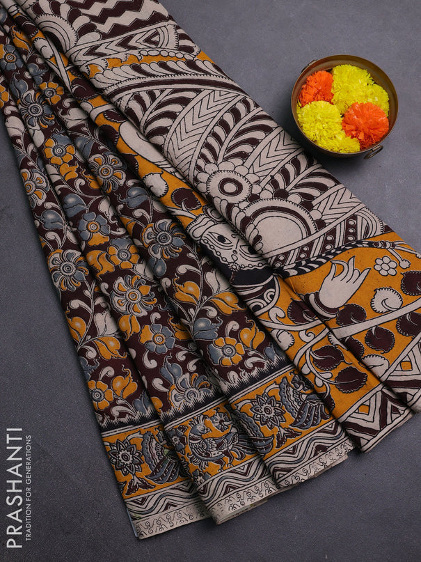 Coffee Brown & Yellow Kalamkari Cotton Saree