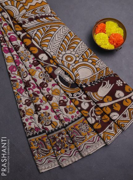 Beige & Mustard Yellow Kalamkari Cotton Saree