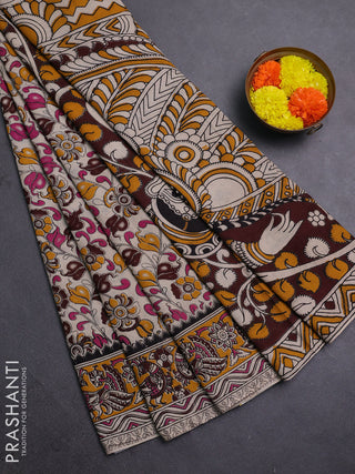 Beige & Mustard Yellow Kalamkari Cotton Saree