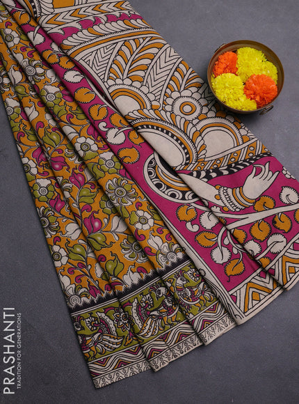 Mustard Yellow & Green Kalamkari Cotton Saree