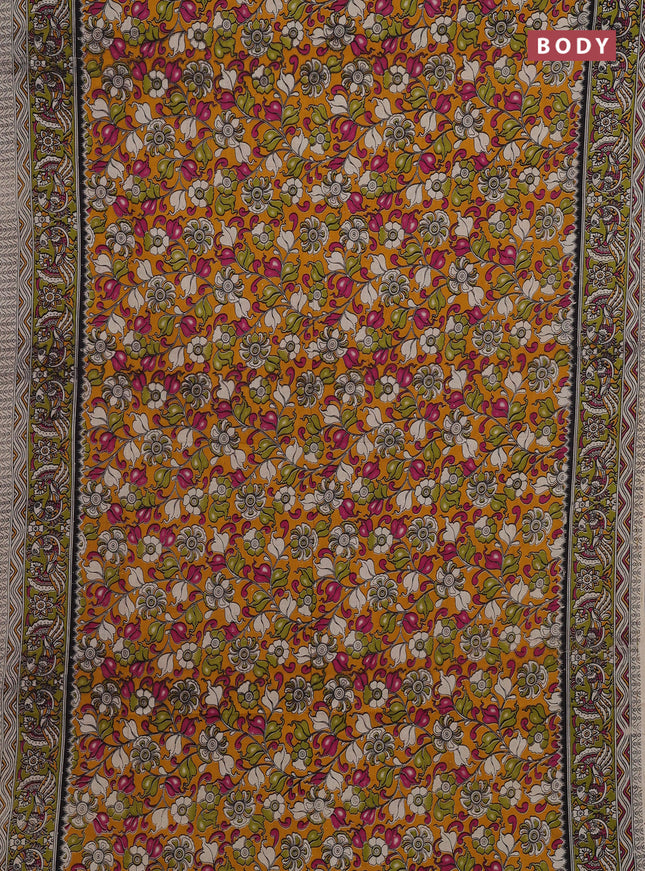 Mustard Yellow & Green Kalamkari Cotton Saree