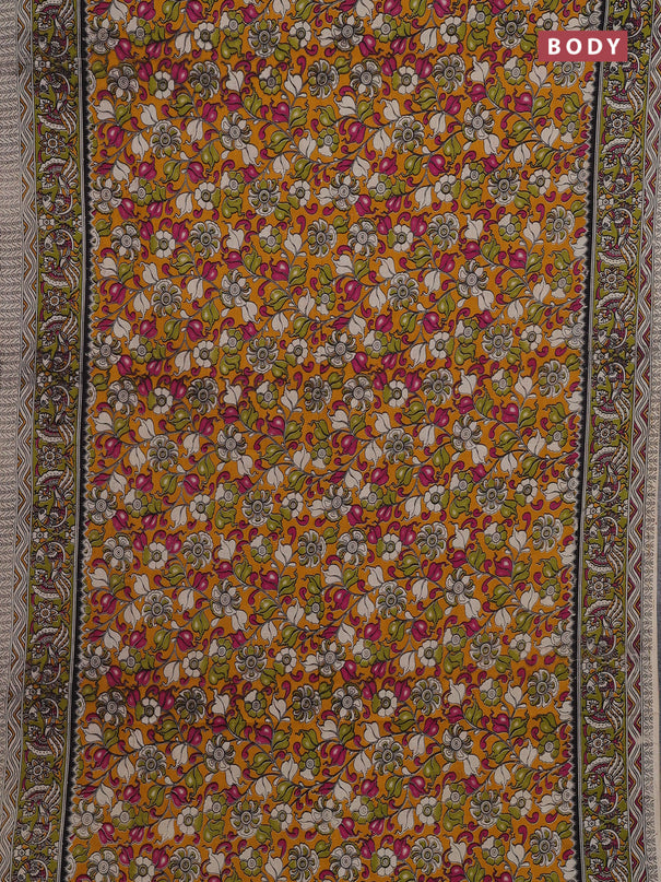Mustard Yellow & Green Kalamkari Cotton Saree