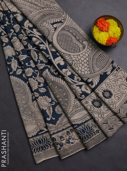 Peacock Blue & Beige Kalamkari Cotton Saree