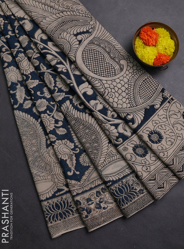 Peacock Blue & Beige Kalamkari Cotton Saree