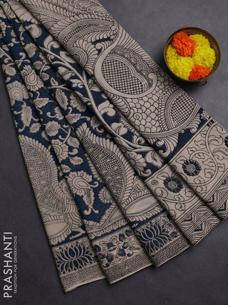 Peacock Blue & Beige Kalamkari Cotton Saree