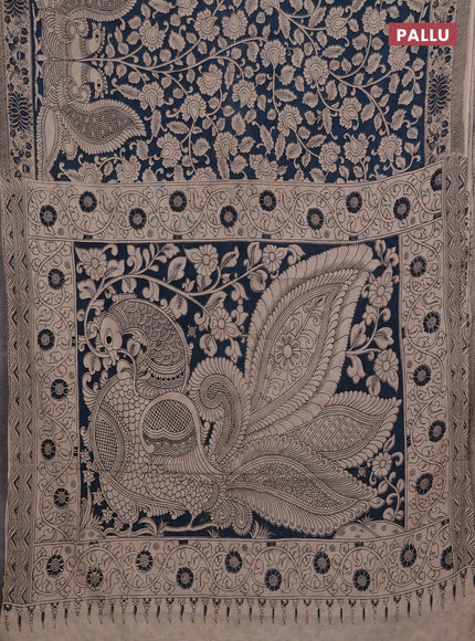 Peacock Blue & Beige Kalamkari Cotton Saree