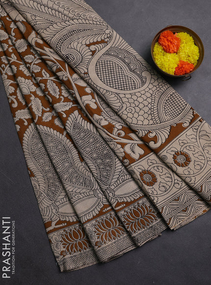 Mustard Yellow & Beige Kalamkari Cotton Saree