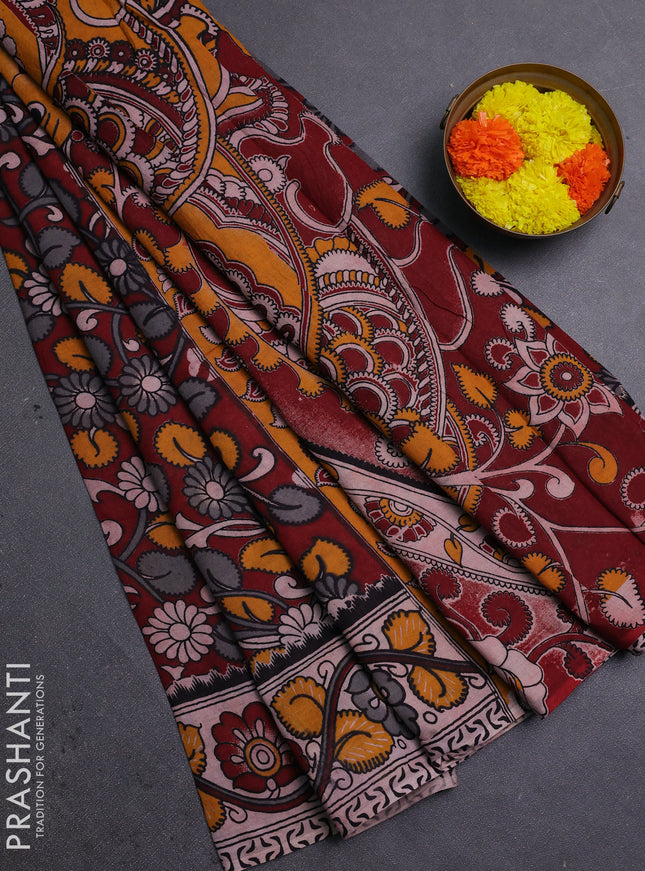 Maroon & Beige Kalamkari Cotton Saree