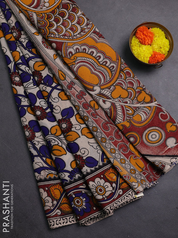 Beige & Maroon Kalamkari Cotton Saree