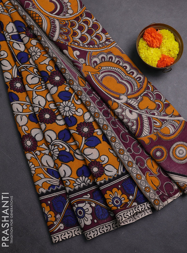 Mustard Yellow & Magenta Pink Kalamkari Cotton Saree