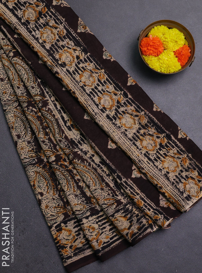 Beige & Coffee Brown Kalamkari Cotton Saree