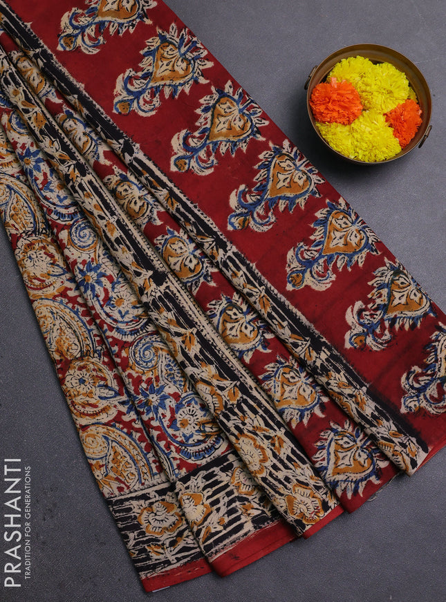 Beige & Maroon Kalamkari Cotton Saree