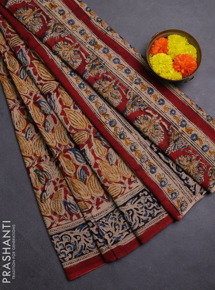 Beige & Maroon Kalamkari Cotton Saree
