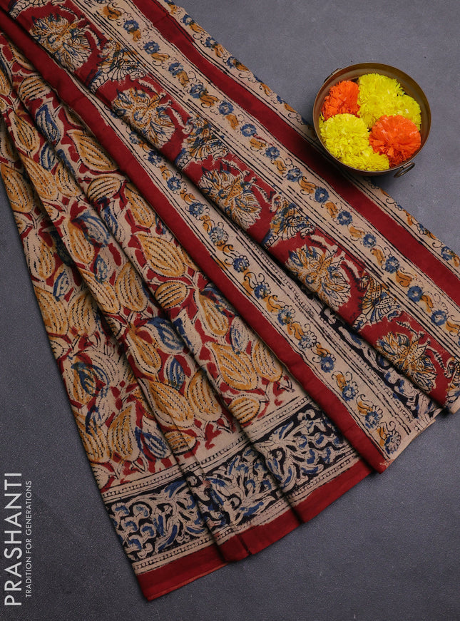 Beige & Maroon Kalamkari Cotton Saree