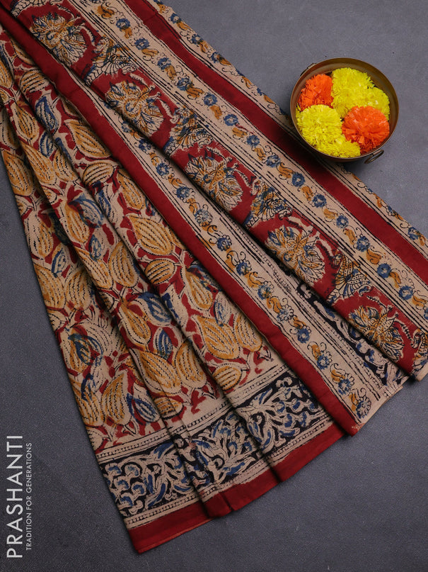 Beige & Maroon Kalamkari Cotton Saree