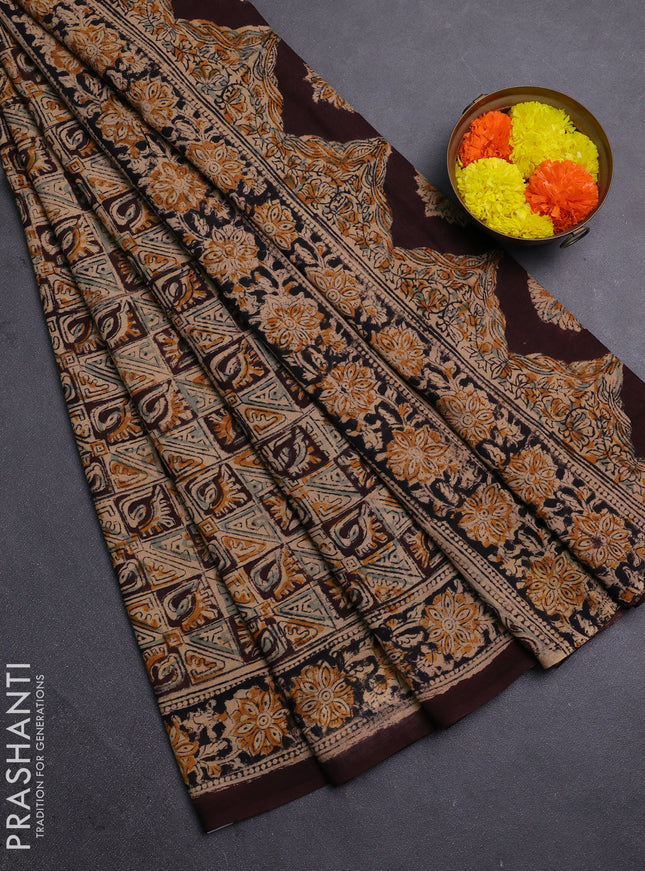 Beige & Coffee Brown Kalamkari Cotton Saree